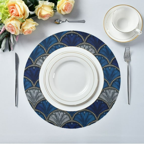 15.4" Round Placemat Set of 6 Polyester Fabric Place Mats Non-Slip Dining Kitchen Table Mats for Kitchen Party Decor Dark Blue Fan-shaped Pattern