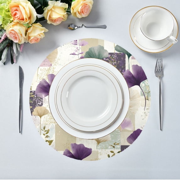 15.4" Round Placemat Set of 6 Polyester Fabric Place Mats Non-Slip Dining Kitchen Table Mats for Kitchen Party Decor Ginkgo Leaves and Petals