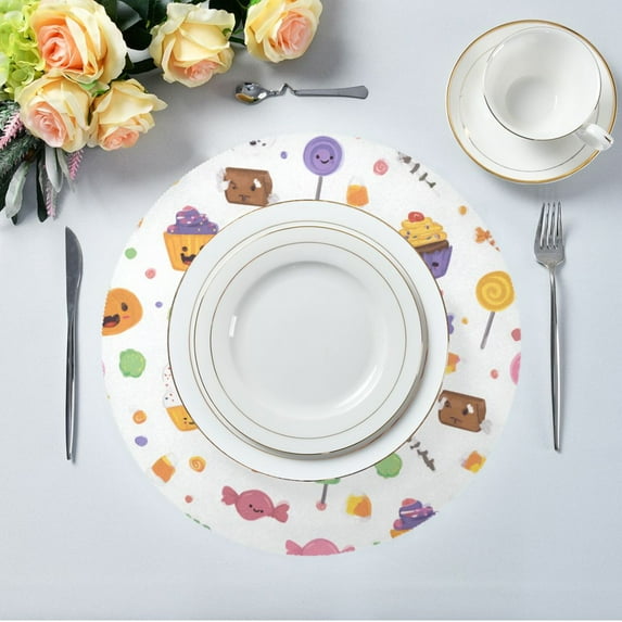 15.4" Round Placemat Set of 6 Polyester Fabric Place Mats Non-Slip Dining Kitchen Table Mats for Kitchen Party Decor Halloween Candy and Cupcakes