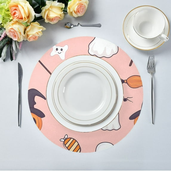 15.4" Round Placemat Set of 6 Polyester Fabric Place Mats Non-Slip Dining Kitchen Table Mats for Kitchen Party Decor Halloween Cute Elements