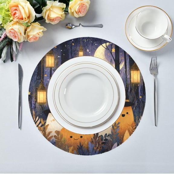 15.4" Round Placemat Set of 6 Polyester Fabric Place Mats Non-Slip Dining Kitchen Table Mats for Kitchen Party Decor Halloween-themed with Ghosts
