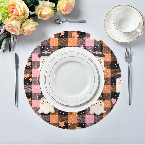 15.4" Round Placemat Set of 6 Polyester Fabric Place Mats Non-Slip Dining Kitchen Table Mats for Kitchen Party Decor Hearts Stars and Ghost Pattern