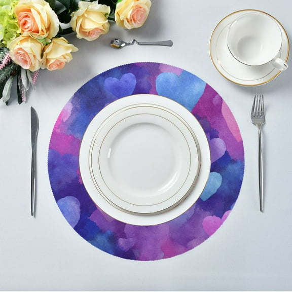 15.4" Round Placemat Set of 6 Polyester Fabric Place Mats Non-Slip Dining Kitchen Table Mats for Kitchen Party Decor Indigo and Violet Hearts
