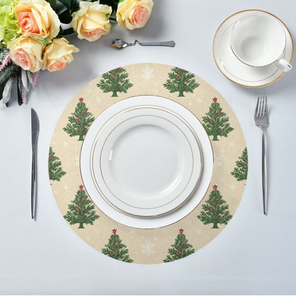 15.4" Round Placemat Set of 6 Polyester Fabric Place Mats Non-Slip Dining Kitchen Table Mats for Kitchen Party Decor Motifs Christmas Tree Pattern