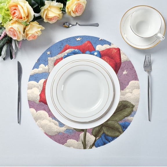 15.4" Round Placemat Set of 6 Polyester Fabric Place Mats Non-Slip Dining Kitchen Table Mats for Kitchen Party Decor Roses and Clouds