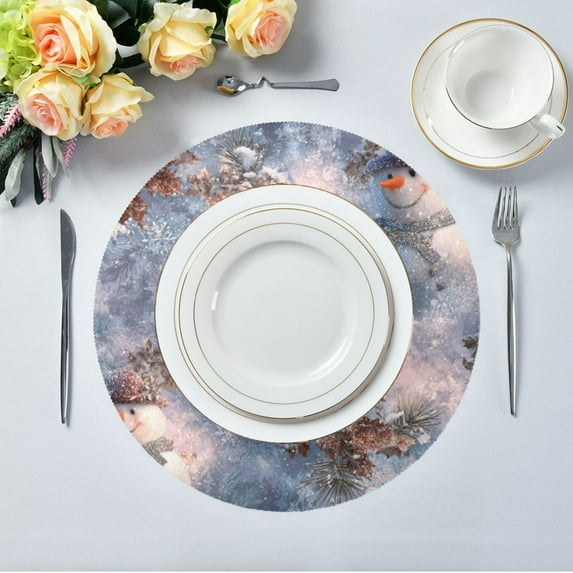 15.4" Round Placemat Set of 6 Polyester Fabric Place Mats Non-Slip Dining Kitchen Table Mats for Kitchen Party Decor Snowman Pine Branch