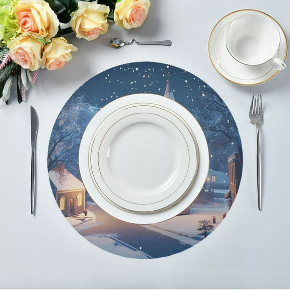 15.4" Round Placemat Set of 6 Polyester Fabric Place Mats Non-Slip Dining Kitchen Table Mats for Kitchen Party Decor Snowy Small Town