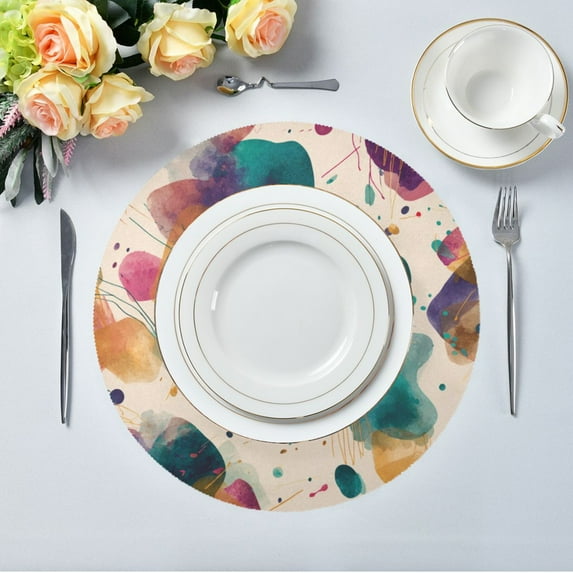 15.4" Round Placemat Set of 6 Polyester Fabric Place Mats Non-Slip Dining Kitchen Table Mats for Kitchen Party Decor Teal and Orange Abstract Shapes