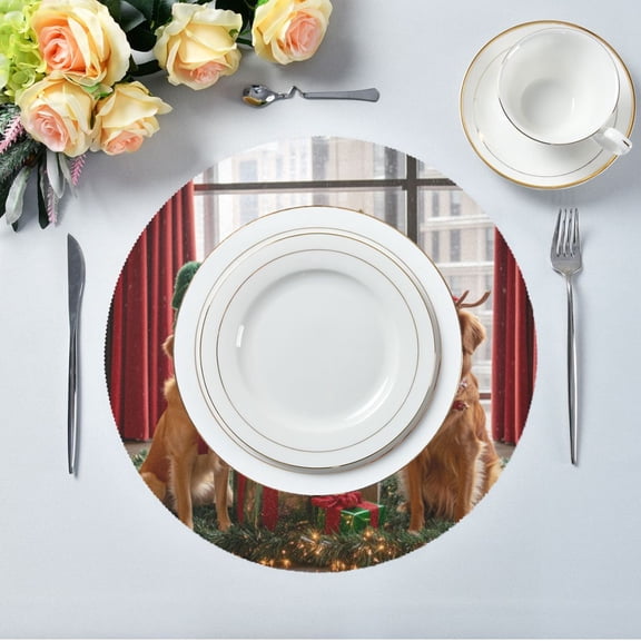 15.4" Round Placemat Set of 6 Polyester Fabric Place Mats Non-Slip Dining Kitchen Table Mats for Kitchen Party Decor Three Dogs