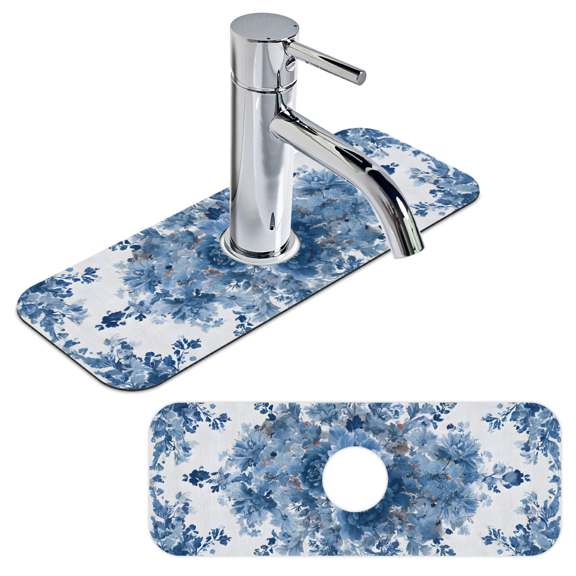 15.4"x5.7" Floral Blue Kitchen Sink Faucet Mat Splash Guard Non-Slip Faucet Splash Guard Mat Absorbent Quick-Dry Kitchen Sink Mat for Kitchen, Bathroom,RV