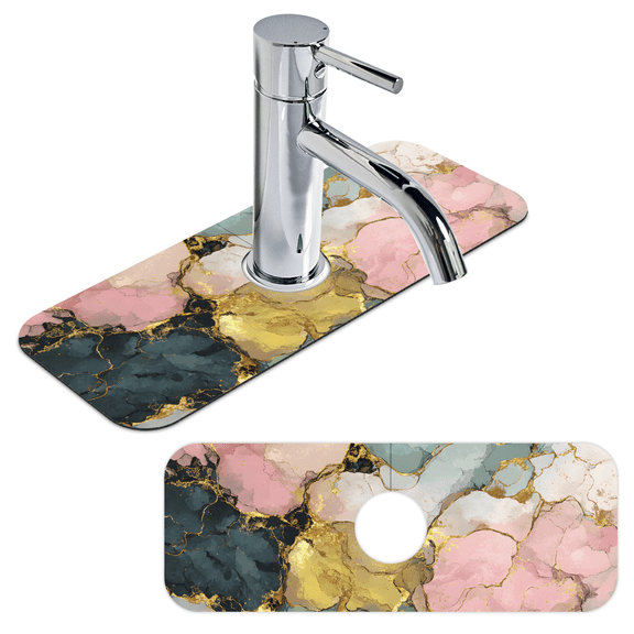 15.4"x5.7" Marble Non-Slip Kitchen Sink Splash Guard Faucet Mat Super Absorbent Fast Drying Faucet Mat Draining Mat Splash for Kitchen,Bathroom Cuttable Washable
