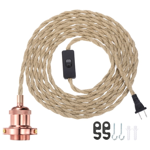 15.4Ft Pendant Light Cord Kit, Plug in E26 Socket Hanging Light with Switch Industrial Vintage Twisted Rope, Rose Gold