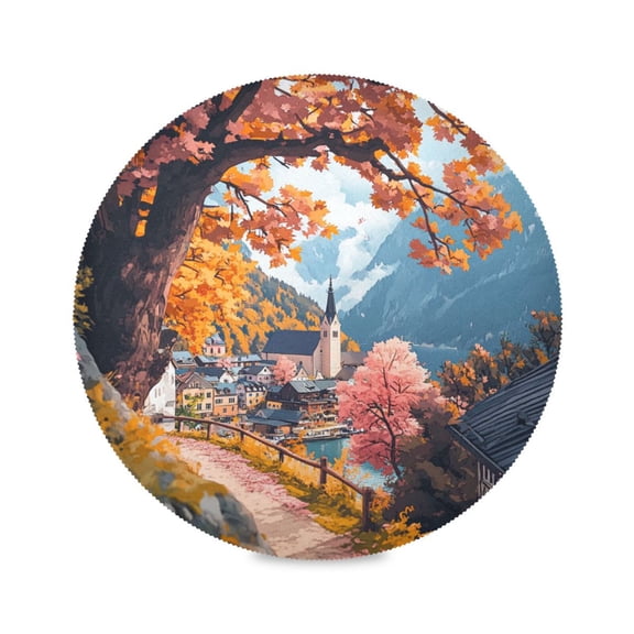15.4inch Round Placemats, DIY Printing Design, Suitable for Kitchen, Table Party Decoration Autumn Trees
