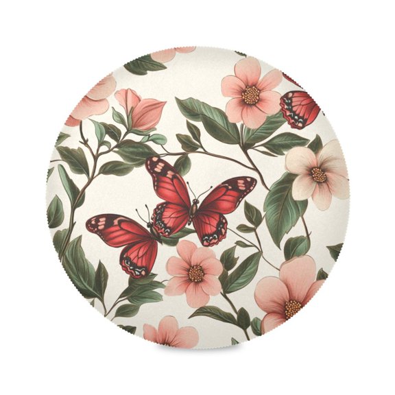 15.4inch Round Placemats, DIY Printing Design, Suitable for Kitchen, Table Party Decoration Red Butterfly