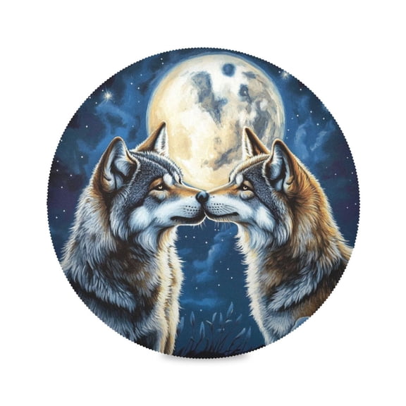 15.4inch Round Placemats, DIY Printing Design, Suitable for Kitchen, Table Party Decoration Two Wolves under The Moon