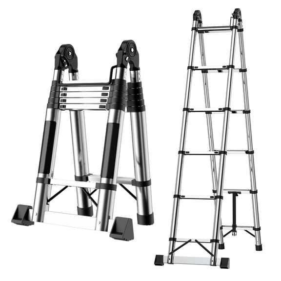 15.5 FT Telescoping Ladder, Stainless Steel Folding Extension Ladder with Locking Mechanism, Multi-Purpose Collapsible, for Home or RV Outdoor Work, Heavy Duty 330 lbs Load 15.5 FT