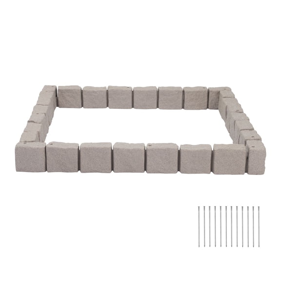15.5 Ft No Dig Faux Stone Garden Edging Kit, Beige Landscape Border Blocks, 4 Sections, Includes 12 Spikes & 4 Corner Connectors