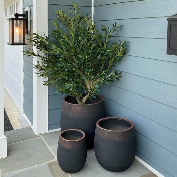 15.5" H Outdoor Concrete Planter, Round Flower Pot with Drainage Hole and Silicone Plug, Plant Container for Garden, Patio, Home, Office, Black, Copper Rim, 1 Pack