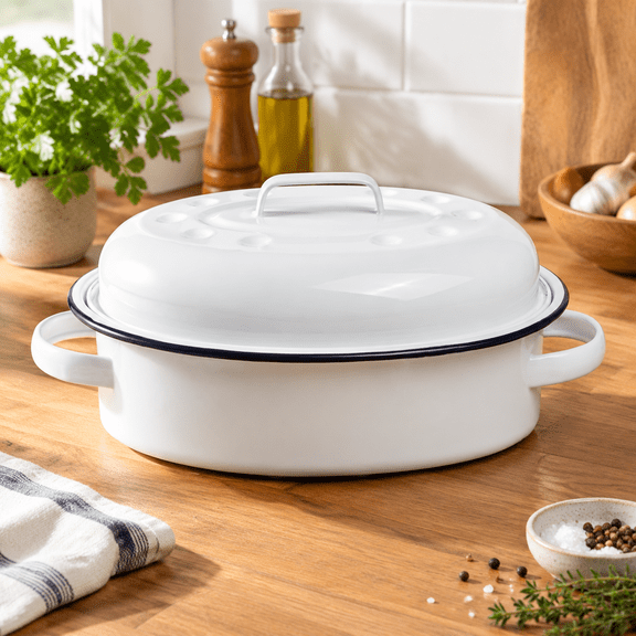 15.5 Inch Enameled Covered Oval Roasting Pan, White Enamelware Cookware