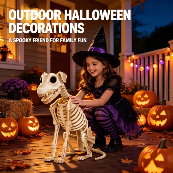POMEADE 15.5 Inch Halloween Skeleton Dog Skeleton Halloween Decor,Pose-N-Stay Plastic Skeleton Bones with Posable Joints for Hallowmas Decoration Outdoor Haunted House Party