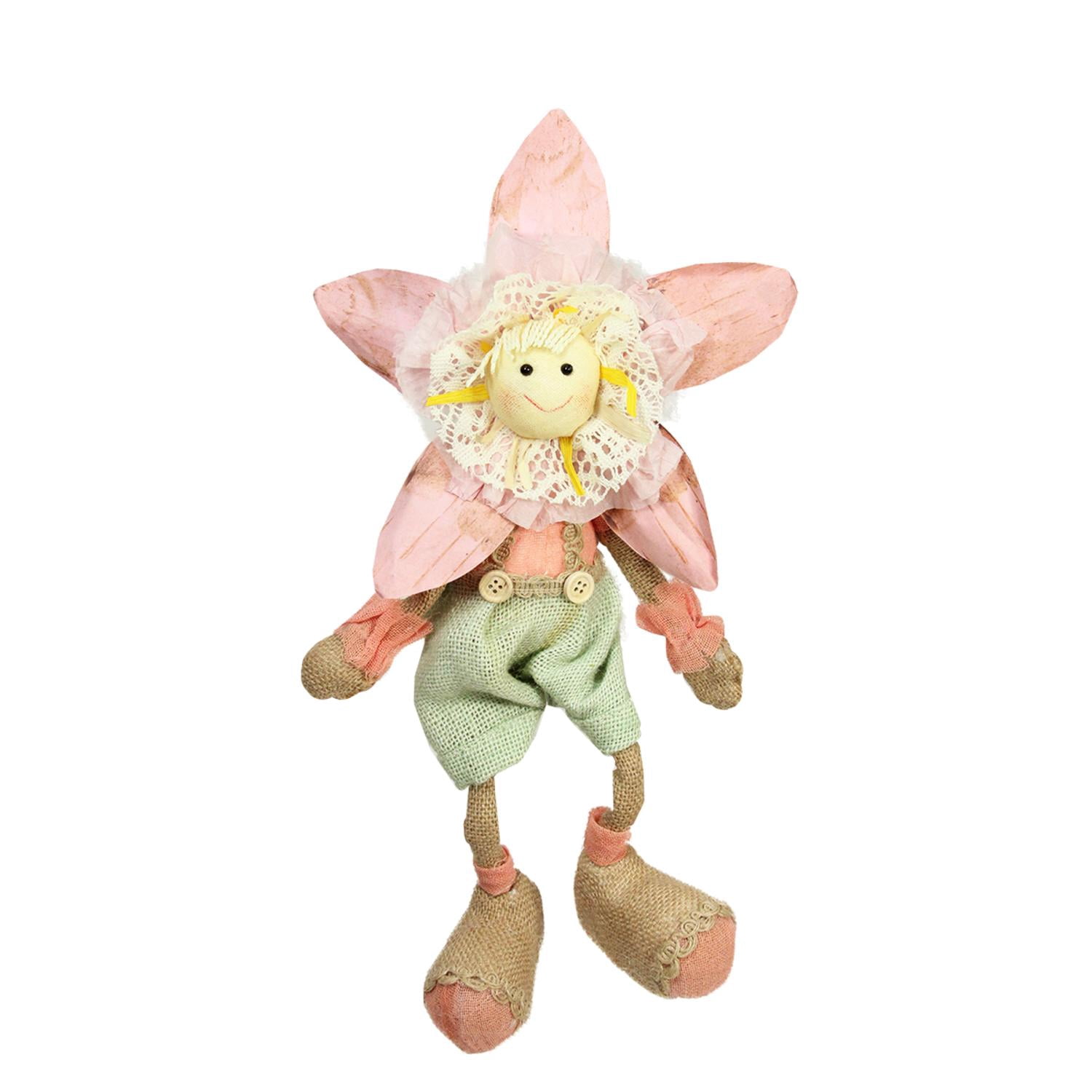 15.5" Pink Green and Tan Spring Floral Sitting Sunflower Girl Decorative Figure
