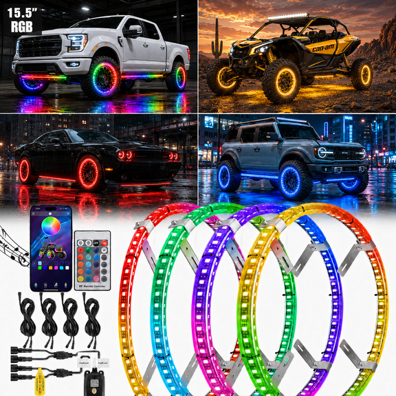 15.5" RGB LED Wheel Ring Light Kit 4-Pcs with Bluetooth Control  and Turn Signal and Braking Function can Controlled by Remote and APP(Double Row)  12V