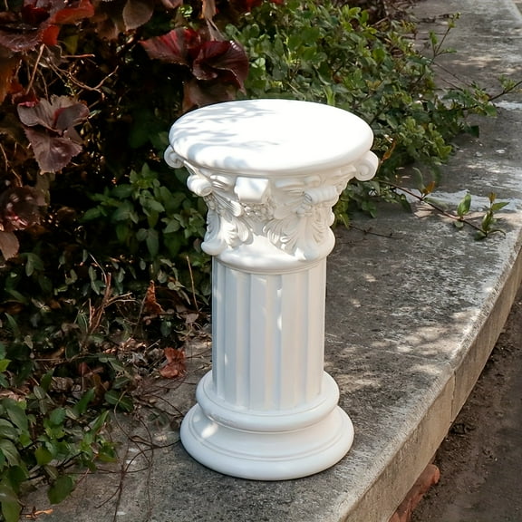 15.5" Tall Antique White Resin Garden Plinth Base - Elegant Statuary Pedestal with Floral Carvings for Outdoor Decor, Lawn Care, and Landscaping, Garden Decorations