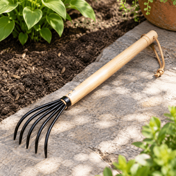 15" 5-Tine Steel Garden Claw Rake with Wooden Handle for Soil Cultivation