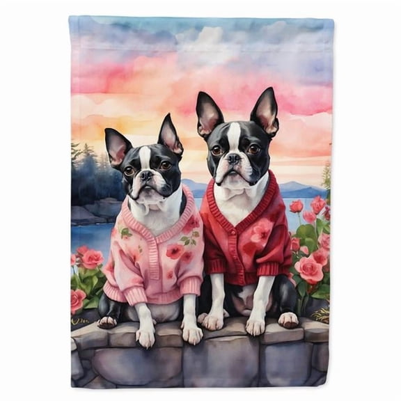 15.5 x 11.25 in. Unisex Boston Terrier Two Hearts Polyester Fabric Garden Flag