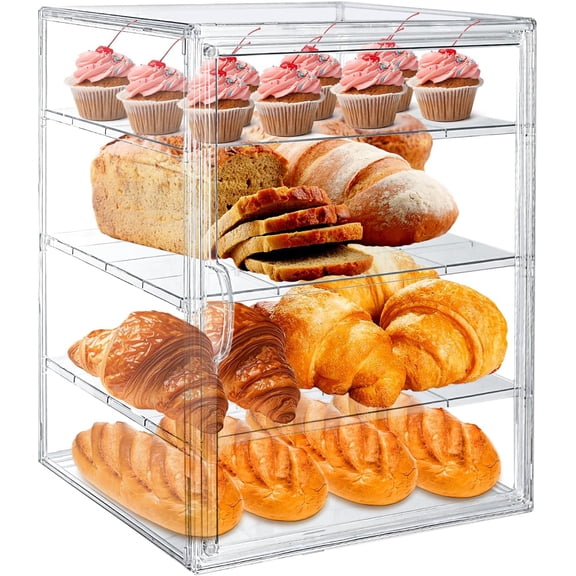 15.5 x 11.4 x 9.8 Inch 4-Tier-Party Display Case, Bakery Display Case Countertop,Adjustable Clear Bread Storage with Magnetic Door Bakery Pastry Display, Cookies and Donuts