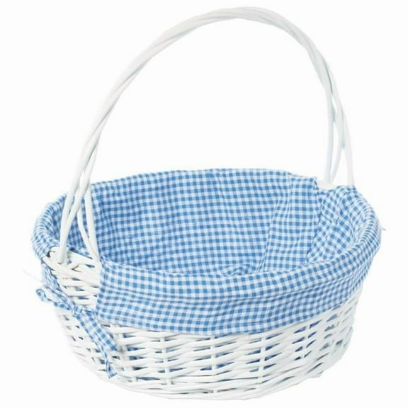15.5 x 16.75 in. Round Willow Gift Basket with Blue Gingham Liner & Handle, White - Large