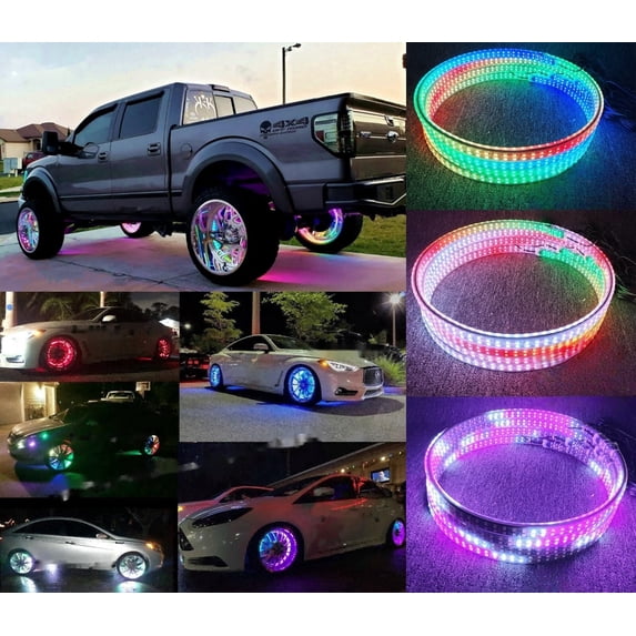 TzvmnyLighting Factory - Double Sided 15.5" DOUBLE ROW LED IP68 Waterproof Chasing Flowing illuminated LEDs Wheel Rim Rings Lights SET for Cars Remote + Bluetooth APP Controllable