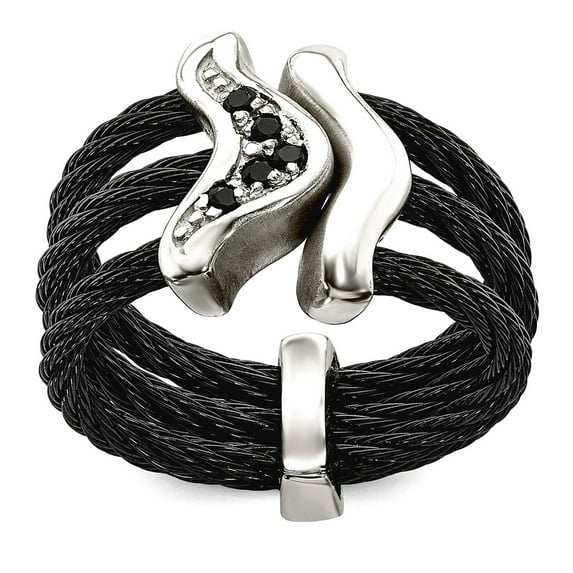 15.50mm Black Titanium With 925 Sterling Silver Polished Black Spinel Cable Flexible Ring Size 7 Ring for Women