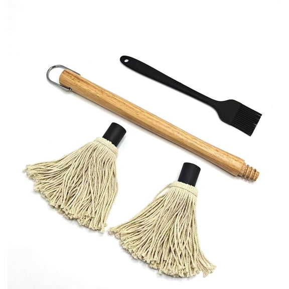 15.5in Basting Mop Brush for BBQ Grilling - Wooden Handle Detachable with 2 Replacement Heads &Silicone Brush - Grill Tools for Outdoor Cooking, Camping, Smoking