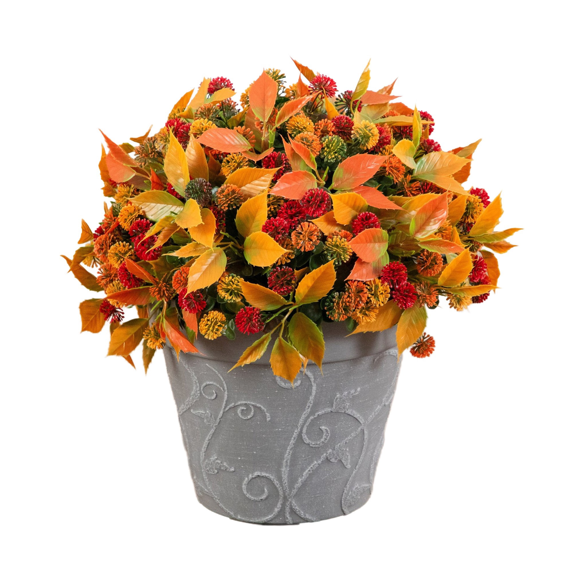 15.5in. UV Resistant Autumn Artificial Mixed Fall Mum in Decorative Gray Planter (Indoor/Outdoor)
