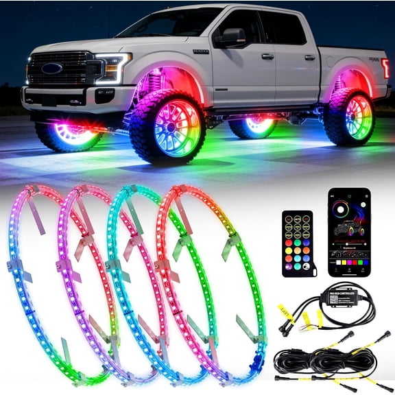 15.5inch 4 count Double Row RGB Chasing Wheel Ring Lights Rim Lights | APP & Remote Control,366+ Modes,w/Turn Signal Brakeing Reverse Function for Pickup