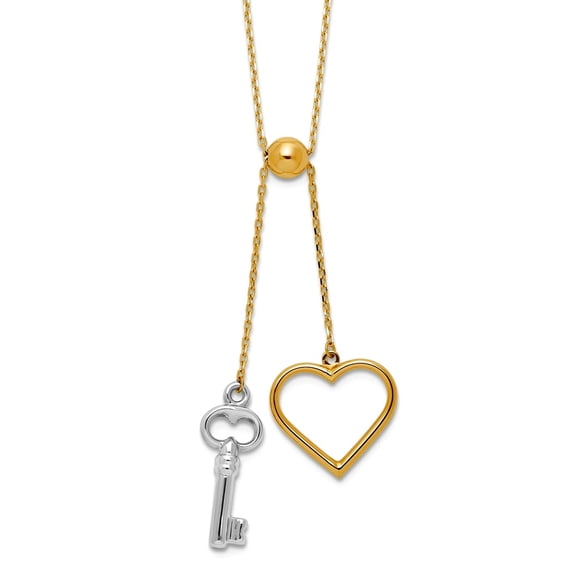15.5mm 14k Solid Gold Two-tone Polished Adjustable-Dangle Love Heart and Key Necklace 17 Inch Pendant Necklace for Women