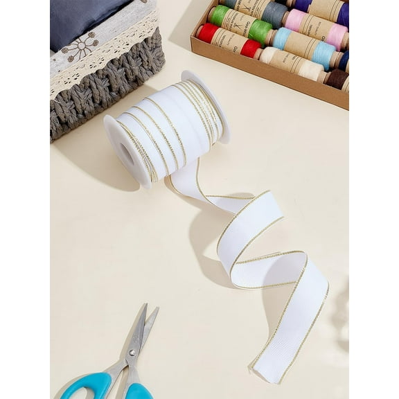 15.6~16.4 Yards Polyester Gold Edged Grosgrain Ribbon 1 inch(25mm) White Fabric Ribbon with Empty Spools Making Supplies for Gift Wrapping Package Wedding Party Decoration