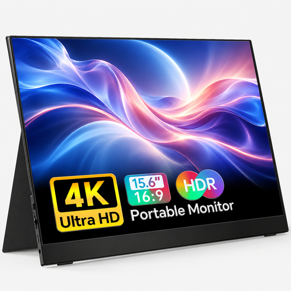 15.6" 4K UHD Portable Monitor, 3840x2160 IPS 100% Adobe RGB HDR, USB-C & HDMI, Built-in Speakers, Travel Display for Laptop PC Gaming Console