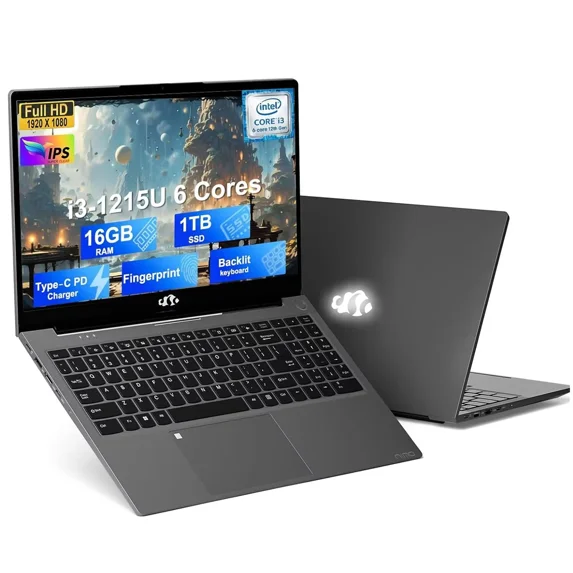 15.6'' Business Laptop 16GB RAM 1TB SSD 12th Gen Intel Core i3-1215U (6-Cores Up to 4.4GHz Beat i5-1135G7) Type-C 65W PD Fast Charger FHD IPS Laptop Win 11 Fingerprint Backlit Keyboard Wi-Fi 6 Gray