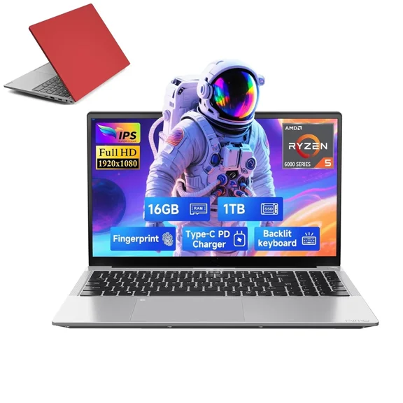 15.6'' Business Laptop Computer, AMD Ryzen 5 6600H(Beat R7 5700U, 6 Cores Up to 4.5GHz), 16GB DDR5 RAM 1TB SSD, Type-C 100W PD Fast Charger, FHD IPS Fingerprint Backlit Keyboard Red
