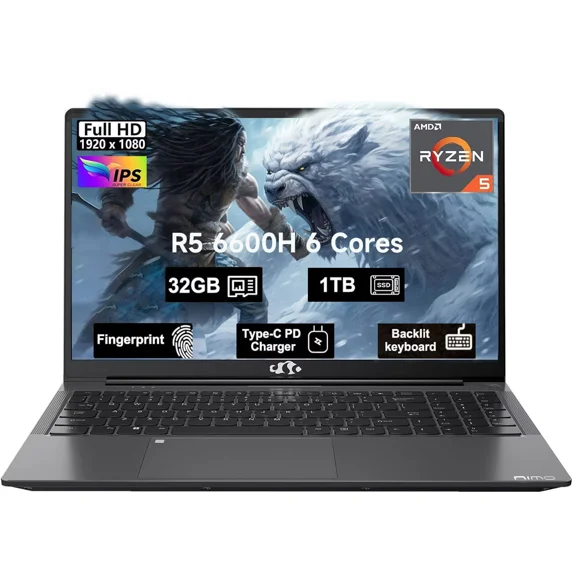 15.6" Business-gaming-Laptop 6-Cores AMD Ryzen 5 6600H 660M 6nm GPU 32GB DDR5 1TB SSD(up to 4.5GHz) Windows11 100W Type-C FHD IPS Laptop-Computer with Fingerprint Backlit Keyboard WiFi5