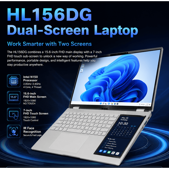 15.6" Dual Screen Laptop 7" Touchscreen 2 in 1 Notebook, ips, Intel N150, 16 GB RAM, 2 TB SSD ROM, Gray,with IR Face Recognition, for Business Work
