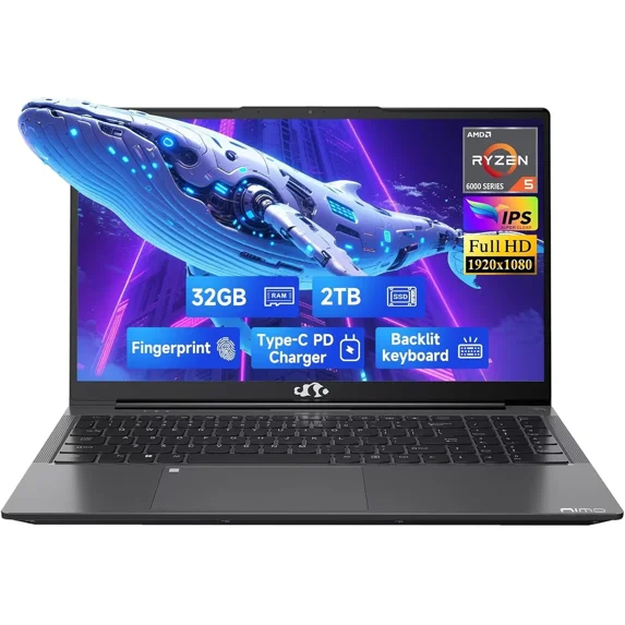 15.6" FHD Business-Gaming-Laptop 6-Cores AMD Ryzen 5 6600H(Up to 4.5 GHz) 660M GPU 32GB DDR5 2TB SSD Laptop-Computer with 100W Type-C Backlit Keyboard Fingerprint-Gray