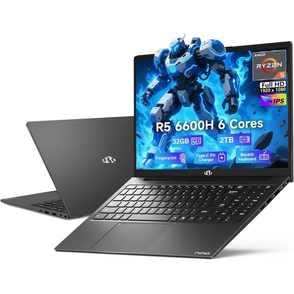 15.6 FHD-Business-Gaming-Laptop, AMD Ryzen 5 6600H 32GB DDR5 2TB SSD (Beat i7-1165G7, Up to 4.5GHz) 6-Cores 660M GPU, IPS Laptop Computer with 100W Type C Fingerprint Backlit Keyboard