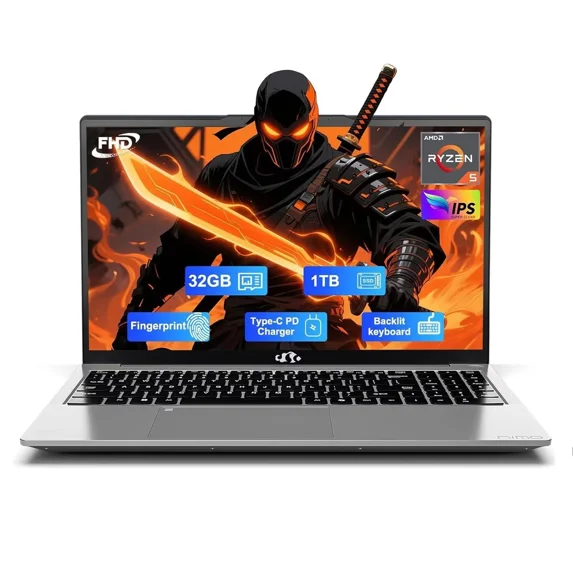 15.6" FHD Business Laptop 32GB RAM 1TB SSD AMD Ryzen 5 3500U Processor 65W Fast Charging Fingerprint Backlit Keyboard Win 11 Stylish Practical Laptop for Work Study Life (Silver)