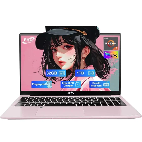 NIMO 15.6" FHD-Business-Laptop, 32GB RAM 1TB SSD AMD Ryzen 5(Beat i3-1215U 3500U, 4 Cores Up to 3.7GHz) 65W Type-C Fingerprint Backlit Keyboard IPS-Computer, Wi-Fi 5 BT5.2 Numpad Win 11,Rose Gold