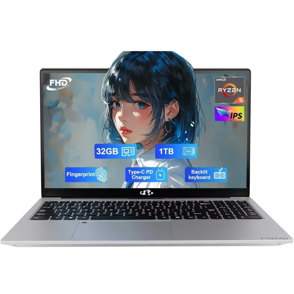 15.6" FHD Business Laptop, AMD Ryzen 5 3500U, 32GB RAM 1TB SSD, USB-C 65W Fast Charging, Fingerprint Login, Backlit Keyboard, Win 11 —True Mate for Work & Study, 2-Year Warranty, Slim Light