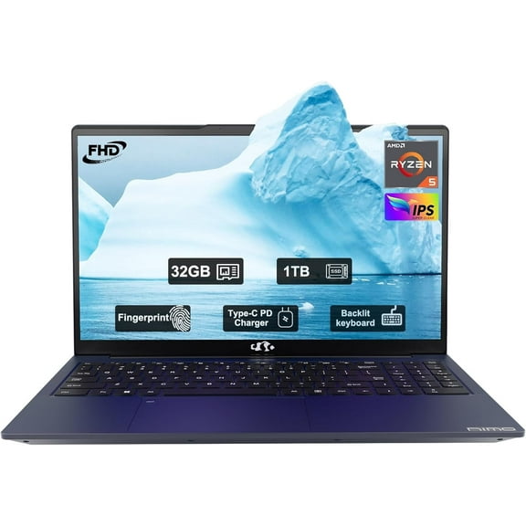 15.6" FHD Business Laptop, AMD Ryzen 5(Beat i3-1215U, 4 Cores Up to 3.7GHz), 32GB DDR4 RAM, 1TB SSD, Backlit Keyboard, Fingerprint Login, Wi-Fi 5, Windows 11, Webcam, 65W Type-C, Blue