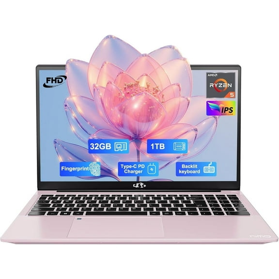 15.6" FHD Business Laptop, AMD Ryzen 5(Beat i3-1215U, 4 Cores Up to 3.7GHz), 32GB DDR4 RAM, 1TB SSD, Backlit Keyboard, Fingerprint Login, Wi-Fi 5, Windows 11, Webcam, 65W Type-C, Rose Gold